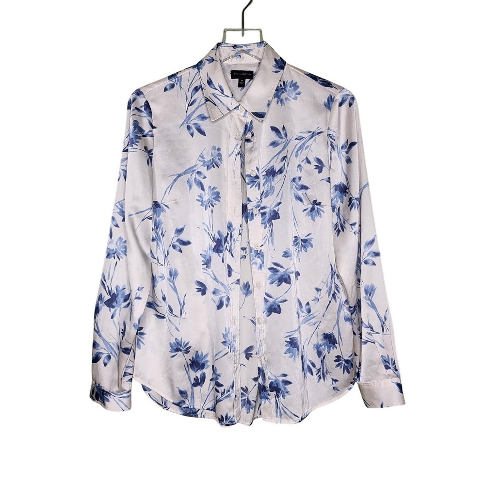 The Limited Satin Floral Button Up Blouse Shirt White Blue Classic Office M